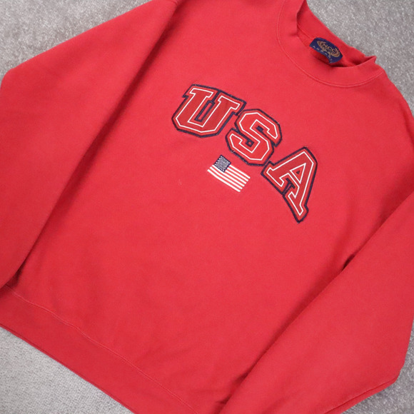 Vintage USA Flag Embroidered Medium Red Long Sleeve Pullover Sweatshirt - Picture 9 of 11